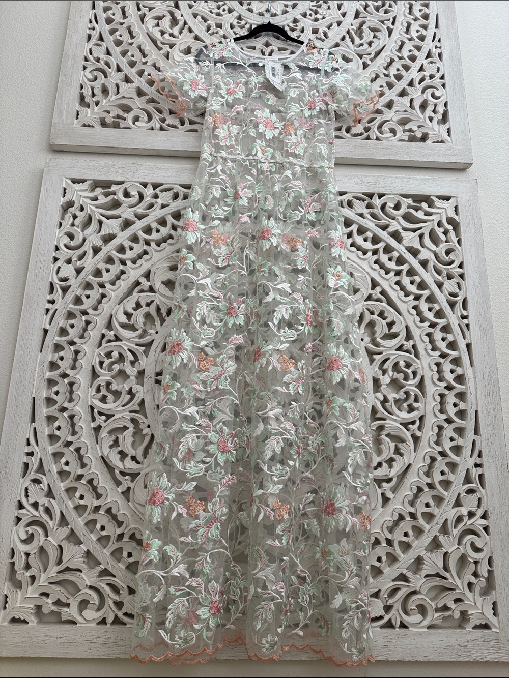LuLaRoe Sheer Floral Embroidered Maxi Dress in White, Pink, Green